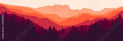 sunset flat design mountain forest for web banner, blog banner, wallpaper, background template, adventure design, tourism poster design, backdrop design