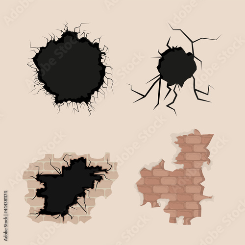 icon set cracked bricks wall