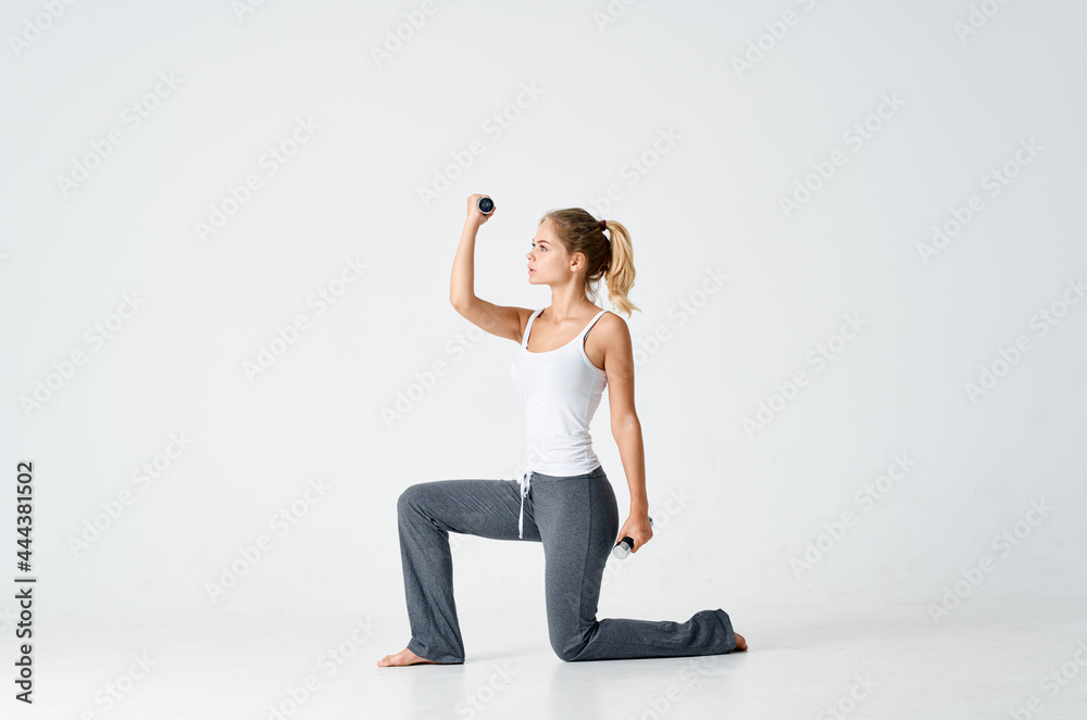 athletic woman slim figure dumbbells in hands workout energy exercise athletic woman slim figure dumbbells in hands workout energy exercise
