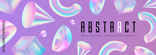Abstract background with 3D holographic geometric shapes. Modern design. Vector illustration