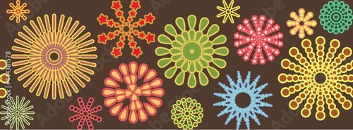 Festive background. Seamless picture. Bright flashes of fireworks in a symbolic style. Horizontal. Petard and squib. Flat design. Cartoon style. Vector