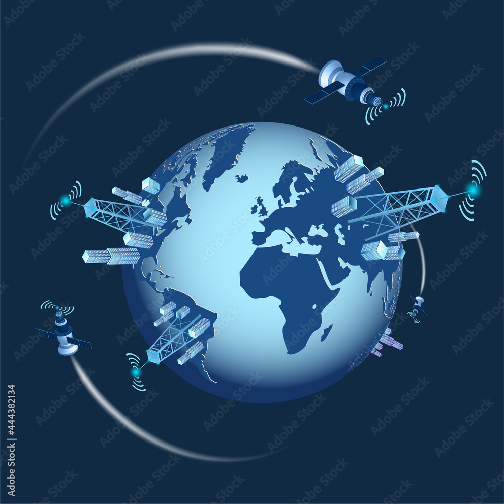 Naklejka premium Isometric concept of high speed satellite communication 5g isolated on blue. 3d planet Earth with cell towers. Vector design element.