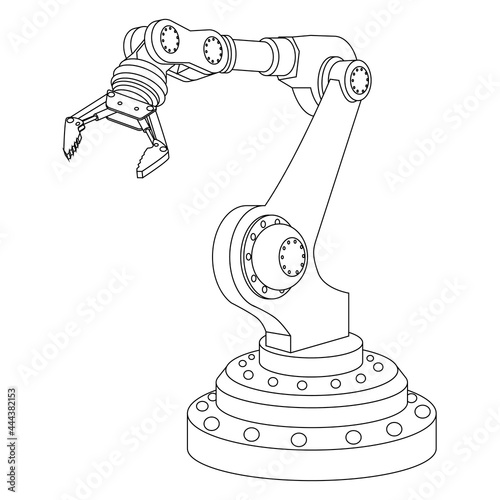 Outline mechanical robotic arm with gripper isolated on white. Vector illustration.