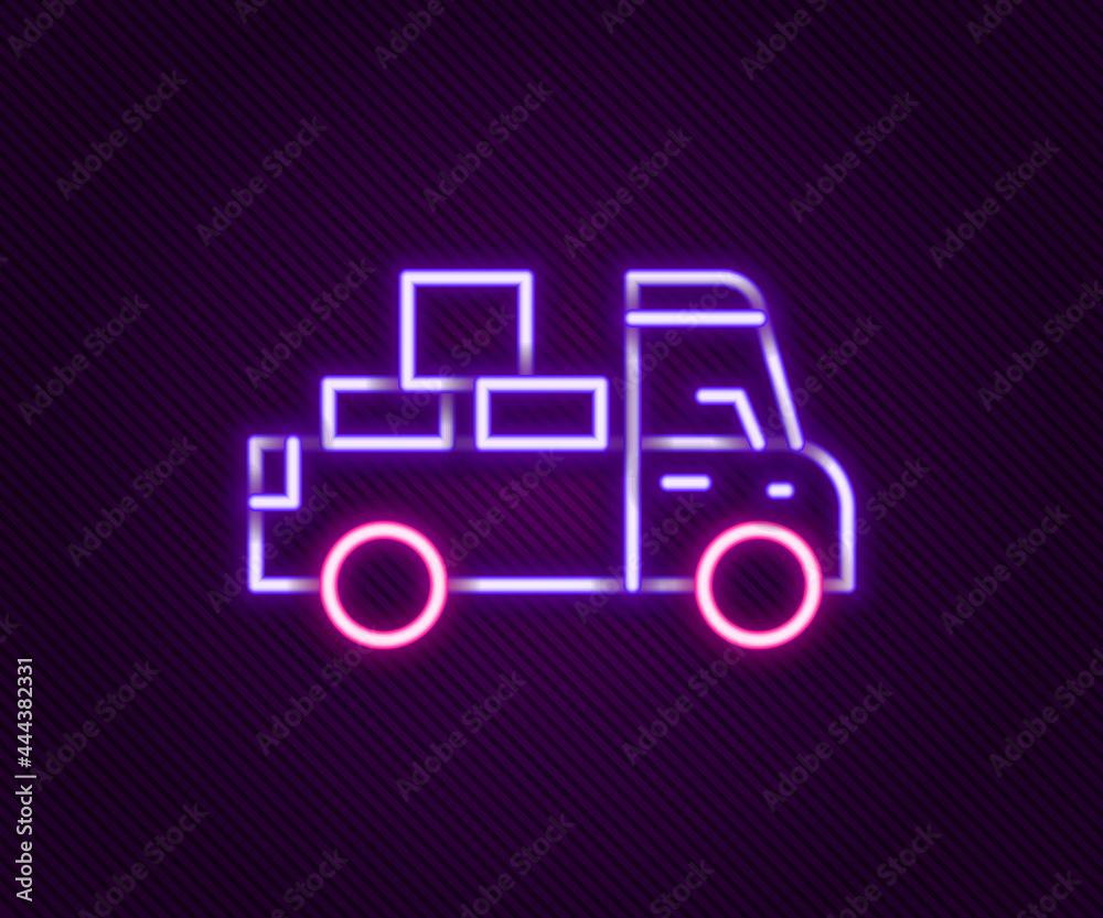 Glowing neon line Delivery truck with cardboard boxes behind icon isolated on black background. Colorful outline concept. Vector Glowing neon line Delivery truck with cardboard boxes behind icon isolated on black background. Colorful outline concept. Vector