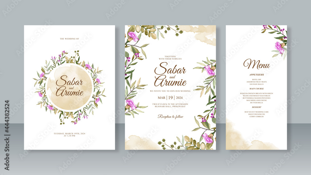 Wedding invitation card set template with watercolor painting