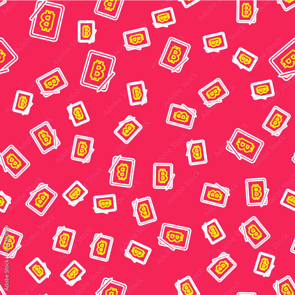 Line Mining bitcoin from graphic tablet icon isolated seamless pattern on red background. Cryptocurrency mining, blockchain technology service. Vector Line Mining bitcoin from graphic tablet icon isolated seamless pattern on red background. Cryptocurrency mining, blockchain technology service. Vector