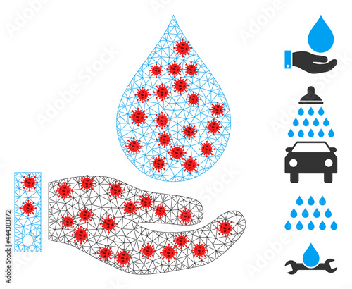 Network water service with lockdown style. Mesh carcass water service image in lowpoly style with organized linear items and red infectious items.