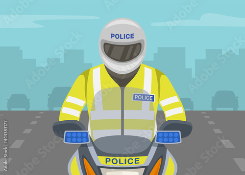 Traffic police officer riding motorcycle on the highway. Close-up view of motorcycle rider or biker wearing safety vest. Flat vector illustration template.