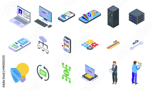 API icons set isometric vector. Develop code. Computer software