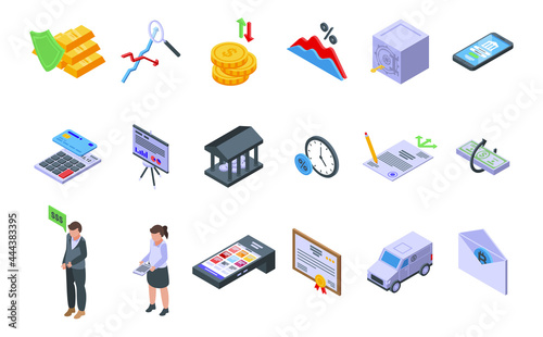 Bank reserves icons set isometric vector. Check gold money. Moneybox accounting