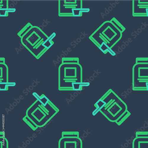 Line Sports nutrition bodybuilding proteine power drink and food icon isolated seamless pattern on blue background. Vector