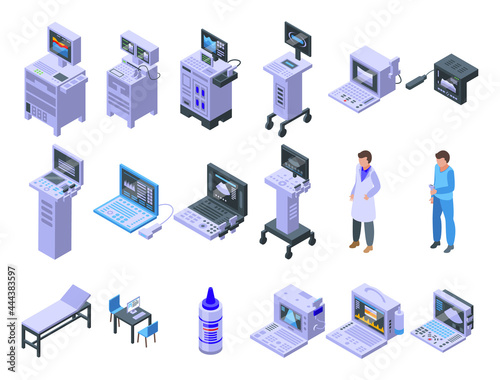 Sonograph icons set isometric vector. Clinic analysis. Computer device diagnosis