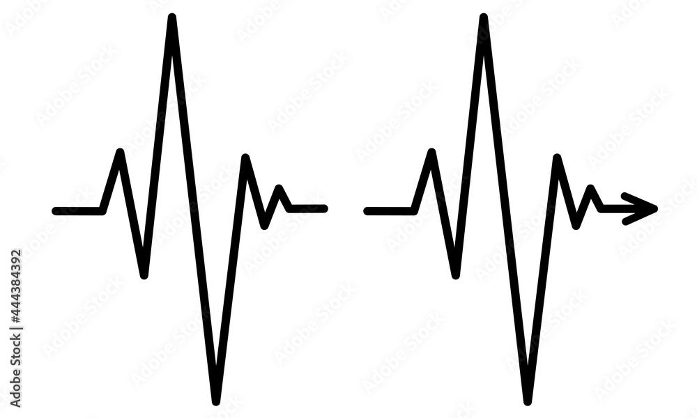 A simple cardiogram icon with an arrow. Hand drawn heartbeat line. Vector illustration of medical electrocardiogram, heart rhytm, ECG. Black line isolated on a white background. 