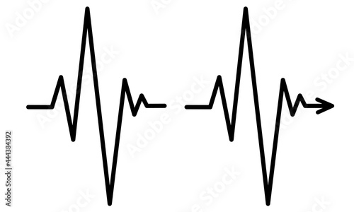 A simple cardiogram icon with an arrow. Hand drawn heartbeat line. Vector illustration of medical electrocardiogram, heart rhytm, ECG. Black line isolated on a white background. 