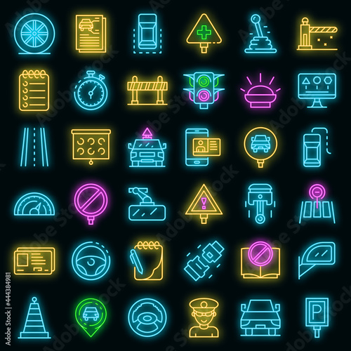 Driving school icons set. Outline set of driving school vector icons neon color on black