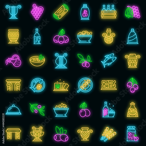 Greece food icons set. Outline set of greece food vector icons neon color on black