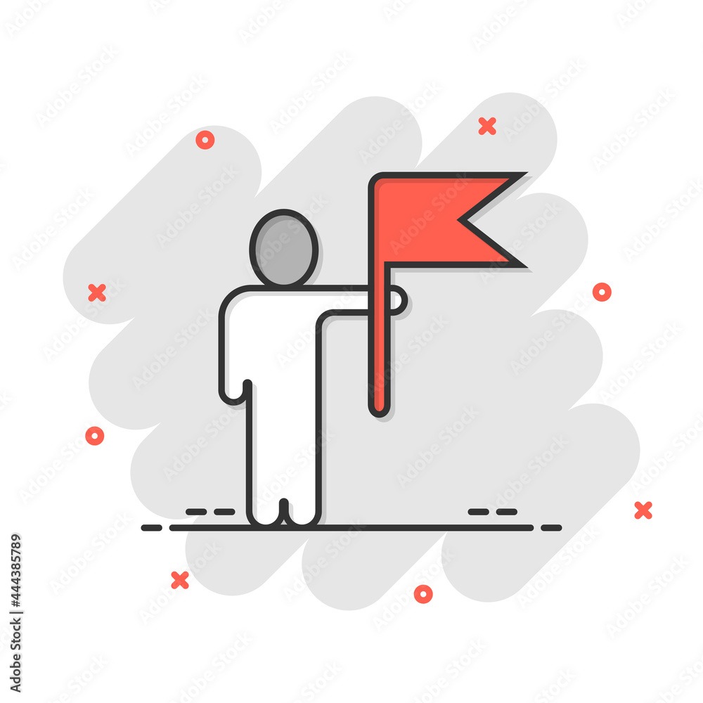 People with flag icon in comic style. Victory cartoon vector illustration on white isolated background. Achievement splash effect business concept. People with flag icon in comic style. Victory cartoon vector illustration on white isolated background. Achievement splash effect business concept.