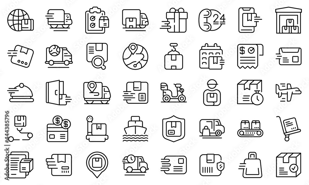 Fast shipping icons set outline vector. Car business. Cargo courier Fast shipping icons set outline vector. Car business. Cargo courier