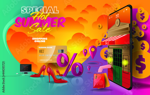 digital technology smartphone payment online internet fashion shopping e-commerce marketing on application service summer sales product by credit card in vector illustrator, delivery logistic