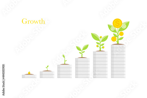 Growth of trees money on a silver coins for the success concept. About business and investment. Vector illustration