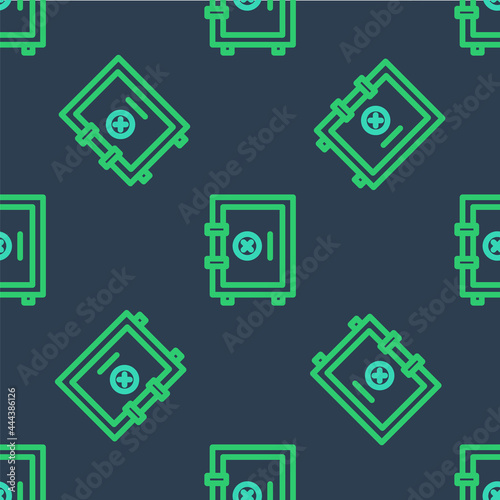 Line Safe icon isolated seamless pattern on blue background. The door safe a bank vault with a combination lock. Reliable Data Protection. Vector