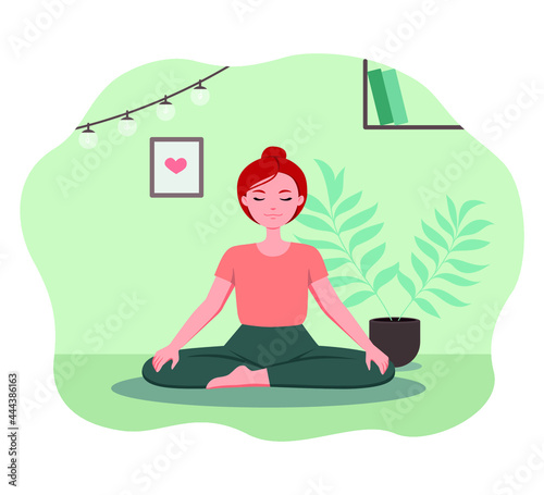 Girl doing yoga at home. Stay home concept. Lotus pose. Female sitting in room. Flat vector illustration. 