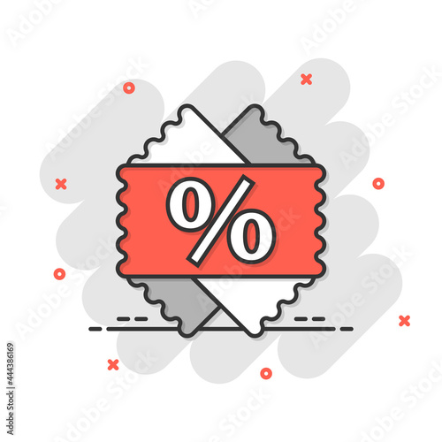 Price coupon icon in comic style. Discount tag cartoon sign vector illustration on white isolated background. Sale sticker splash effect business concept.