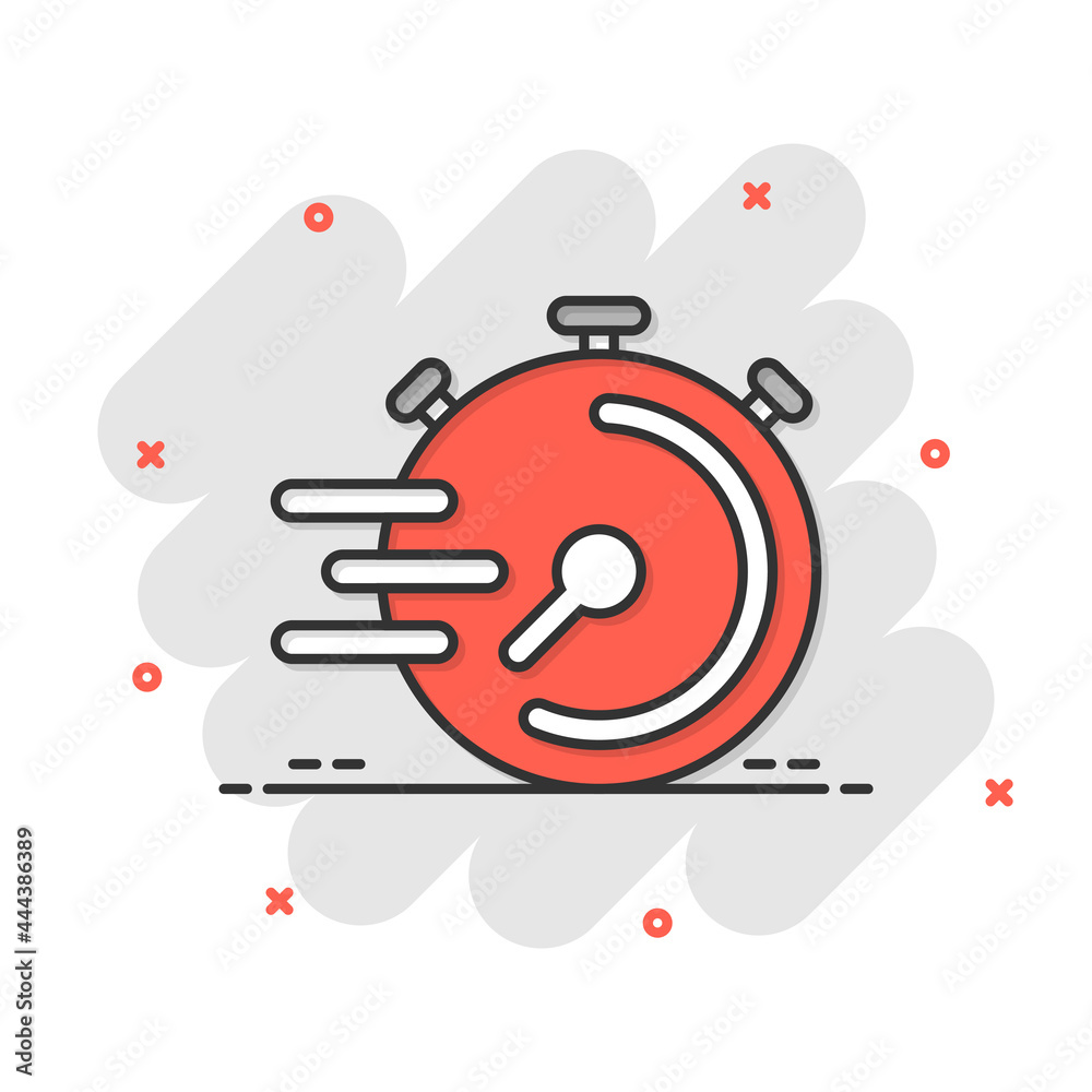 Clock icon in comic style. Watch cartoon vector illustration on white isolated background. Timer splash effect business concept.