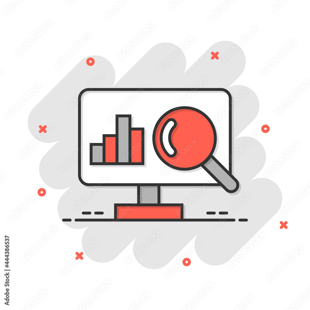 Website analytics icon in comic style. SEO data cartoon vector illustration on white isolated background. Computer diagram splash effect business concept. Website analytics icon in comic style. SEO data cartoon vector illustration on white isolated background. Computer diagram splash effect business concept.