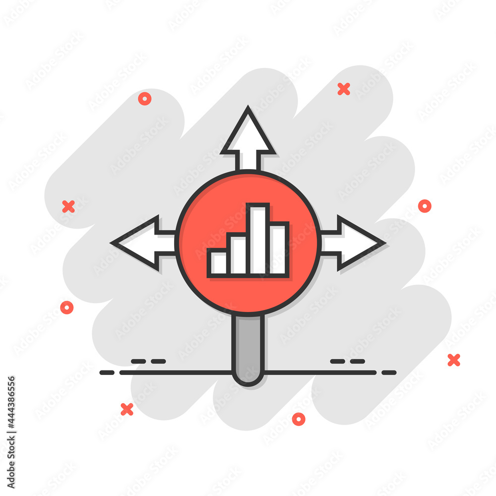 Market trend icon in comic style. Growth arrow with magnifier cartoon vector illustration on white isolated background. Increase splash effect business concept. Market trend icon in comic style. Growth arrow with magnifier cartoon vector illustration on white isolated background. Increase splash effect business concept.