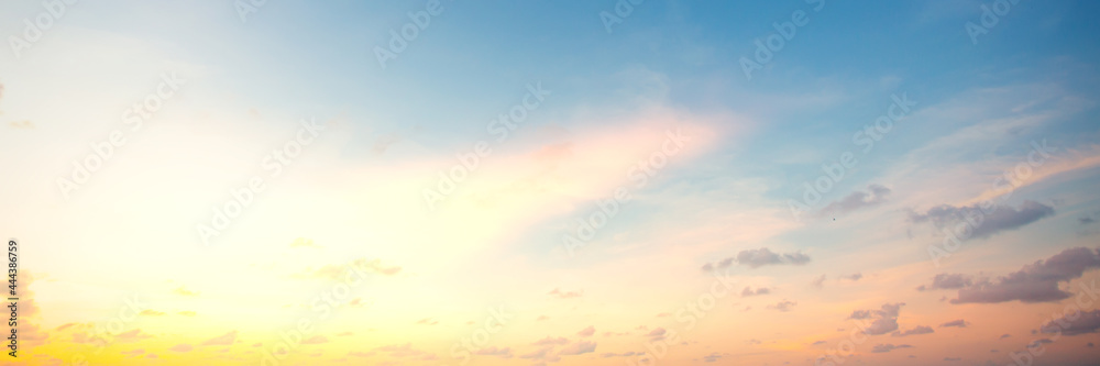 sky panorama Natural colors Evening sky Shine new day for Heaven, The light from heaven from the sky is  mystery, In the twilight golden atmosphere, Modern sheet structure design, New Banner Web 2022
