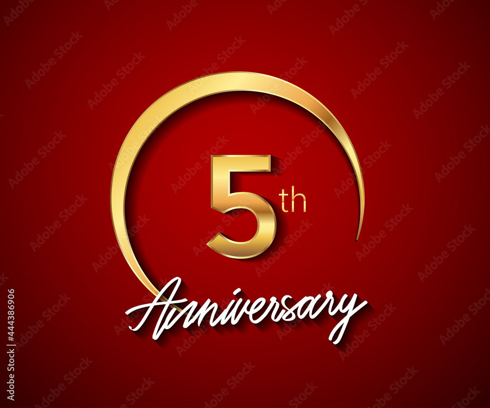 5th anniversary golden color with circle ring isolated on red background for anniversary celebration event. 5th anniversary golden color with circle ring isolated on red background for anniversary celebration event.