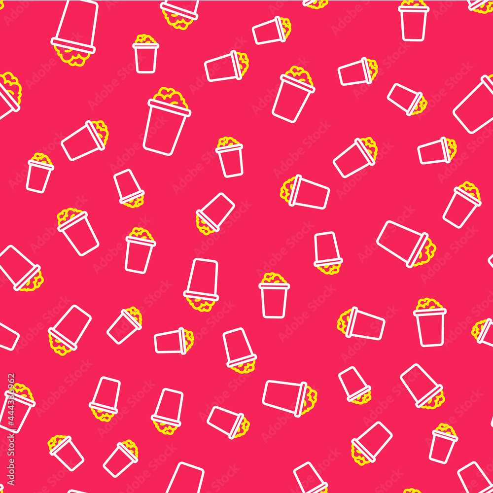 Line Bucket with soap suds icon isolated seamless pattern on red background. Bowl with water. Washing clothes, cleaning equipment. Vector Line Bucket with soap suds icon isolated seamless pattern on red background. Bowl with water. Washing clothes, cleaning equipment. Vector
