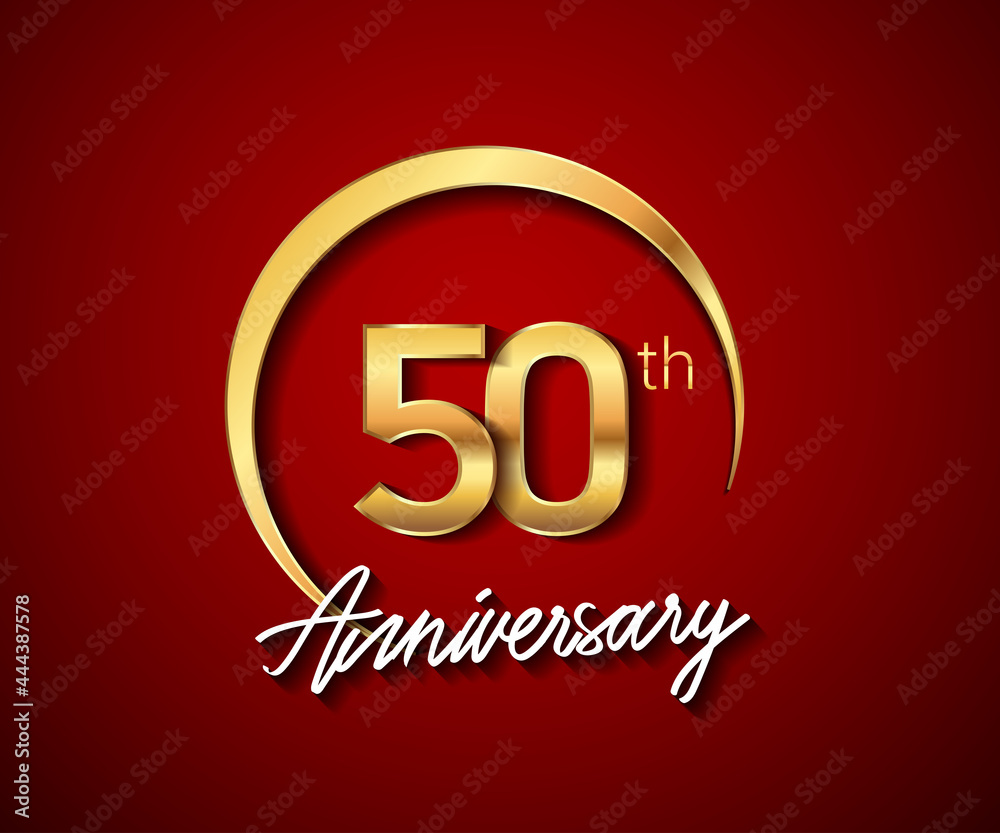 50th anniversary golden color with circle ring isolated on red background for anniversary celebration event. 50th anniversary golden color with circle ring isolated on red background for anniversary celebration event.