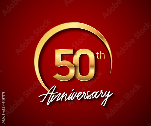 50th anniversary golden color with circle ring isolated on red background for anniversary celebration event. © Brandity