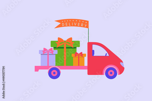 Delivery car with gift boxes and flag banner. Delivery service concept. Shopping, bargain, discounts, sales. Vector illustration. Flat design.