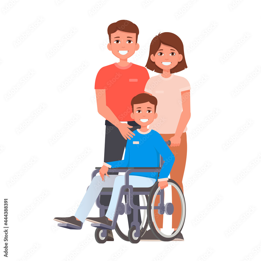 Child in a wheelchair. Parents and their limited abilities son in a wheelchair. Vector illustration