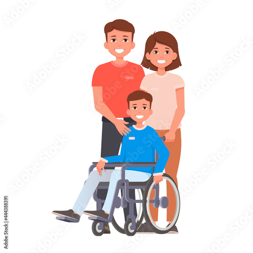 Child in a wheelchair. Parents and their limited abilities son in a wheelchair. Vector illustration