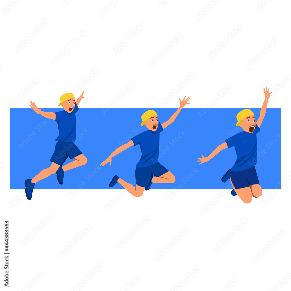Set Cartoon cute boy wearing blue shorts ,yellow cap and sneakers is jumping on rectangular blue with white background.Three boys in jumping very style. Vector isolate flat design concept for freedom.