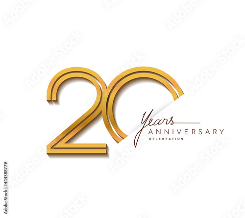 20th anniversary logo golden colored with linked number isolated on white background, vector design for greeting card and invitation card.