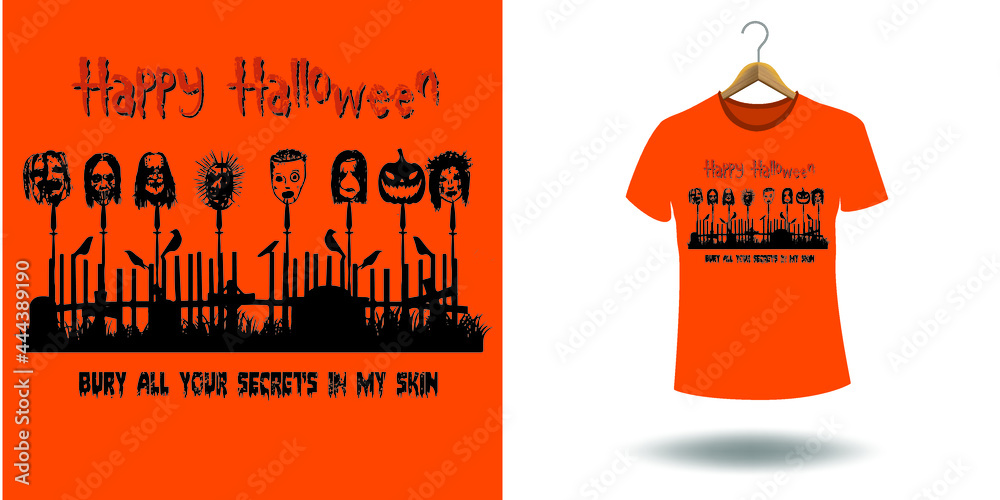 Halloween t shirt ready design. Printable Halloween design for t shirt. Vector design of pumpkin, witch, grave, moon and scary night. 
Scary easy printable t shirt design for men. women and child.