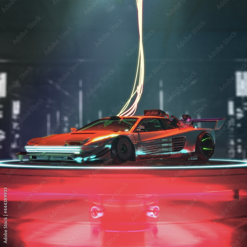 Fototapeta premium Futuristic Car Connected by Gloving Cables in Artificial Studio Lighting at the Stand. 3D Rendering.