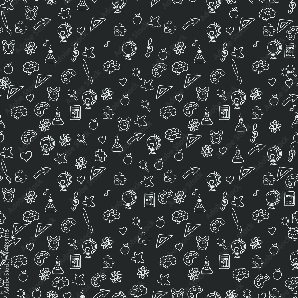 Back to school. hand drawn elements pattern on background of chalkboard. seamless doodle back to school pattern Back to school. hand drawn elements pattern on background of chalkboard. seamless doodle back to school pattern