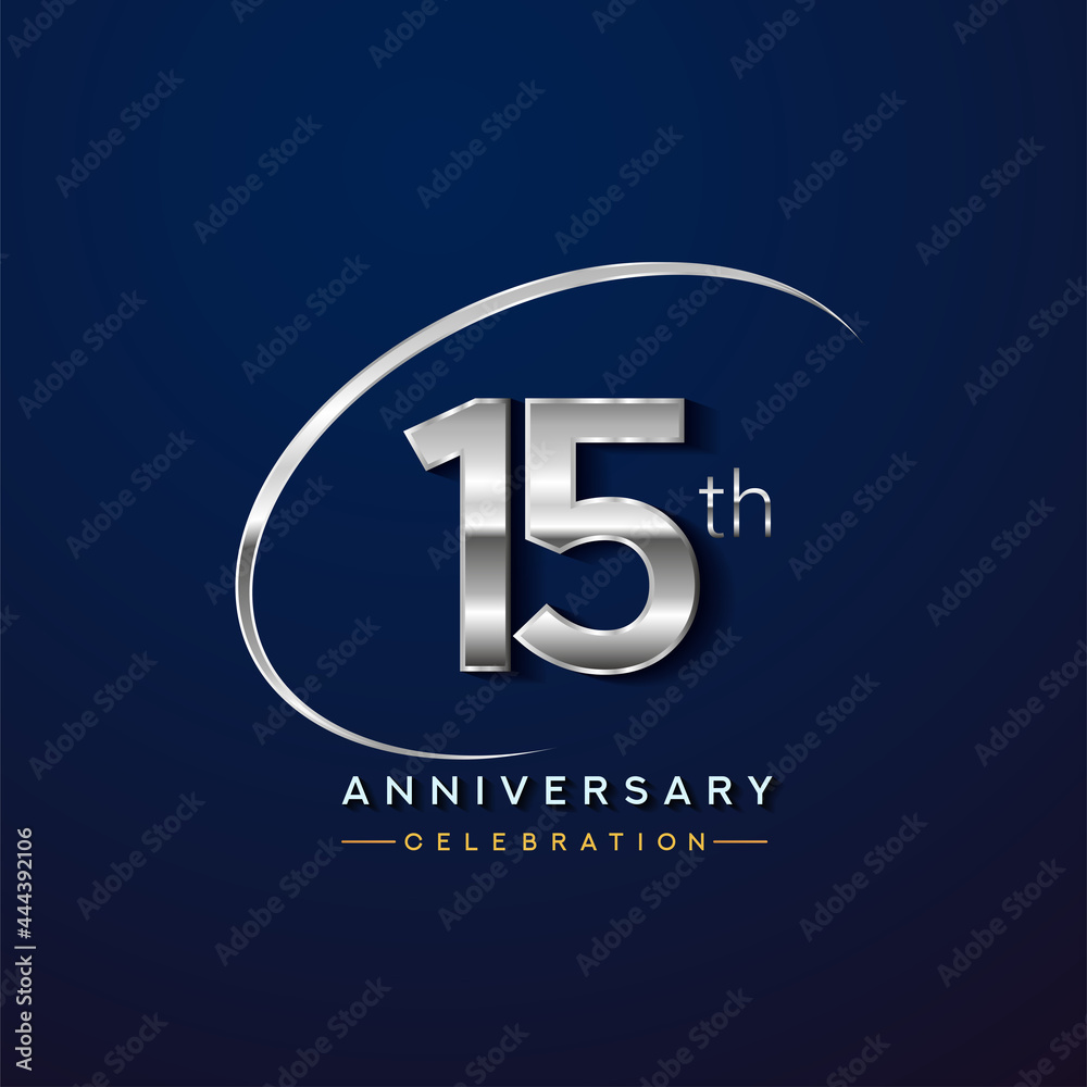 15th anniversary logotype silver color with swoosh or ring, isolated on blue background for anniversary celebration event.