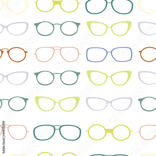 Colorful glasses frame seamless pattern background. Great for eyewear themed fabric, wallpaper, packaging.