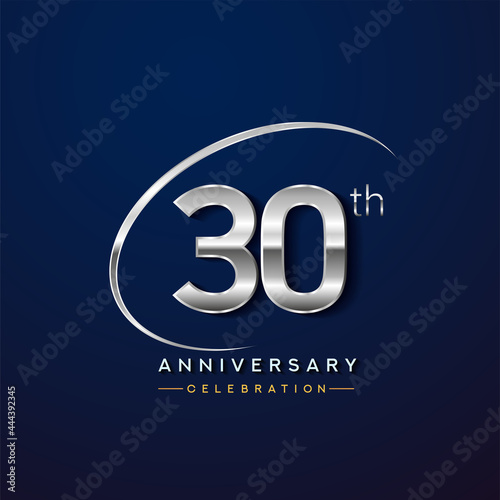 30th anniversary logotype silver color with swoosh or ring, isolated on blue background for anniversary celebration event.