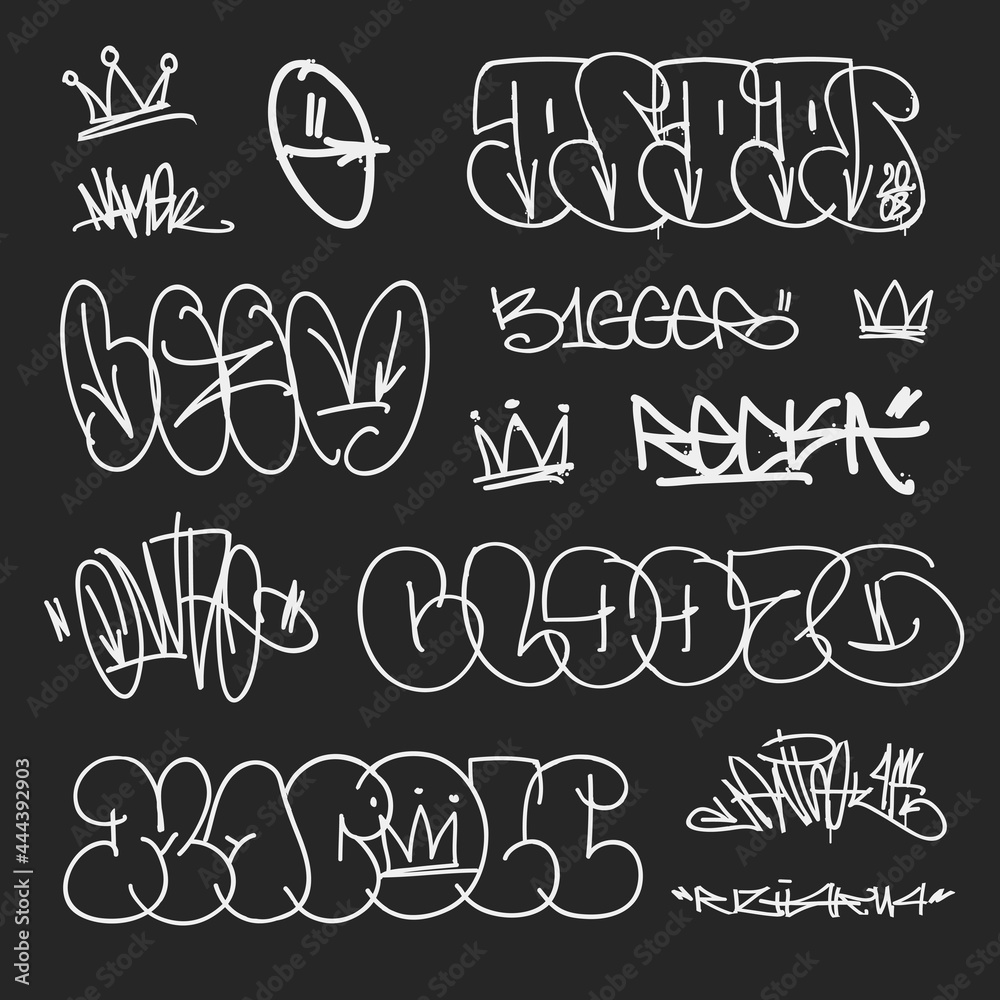 Street art graffiti hiphop tags and doodles vector template. White