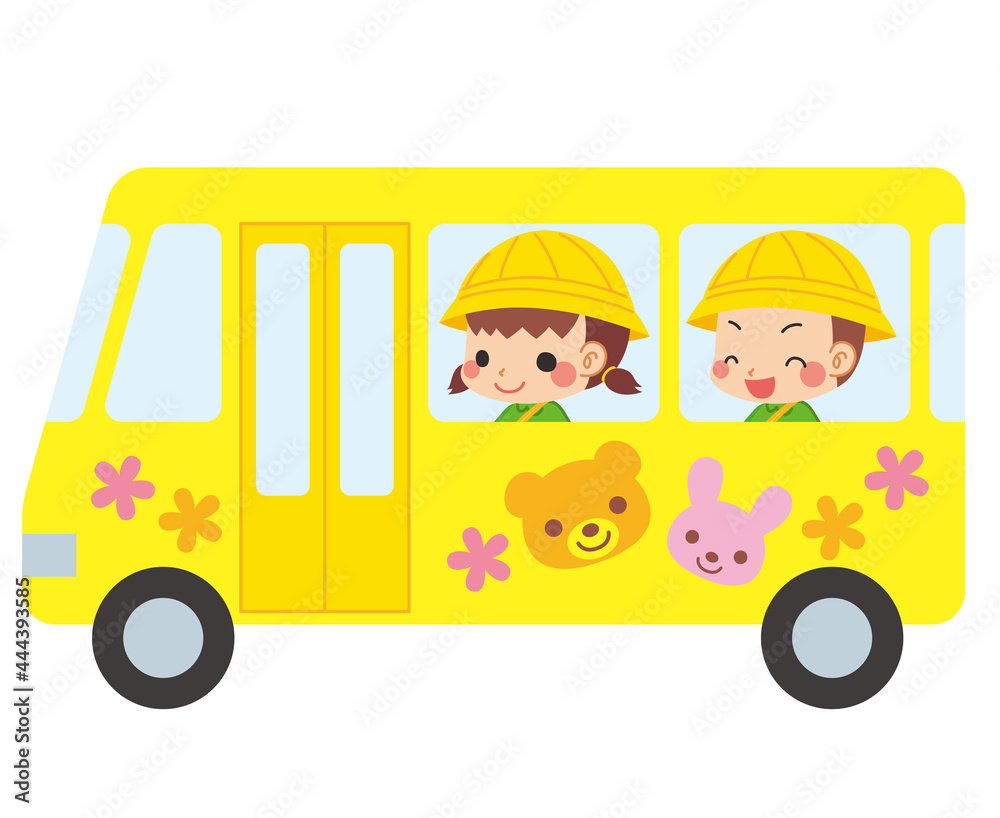 幼稚園バスに乗っている可愛い幼稚園児の男の子と女の子のイラスト 白背景 Stock Vector Adobe Stock