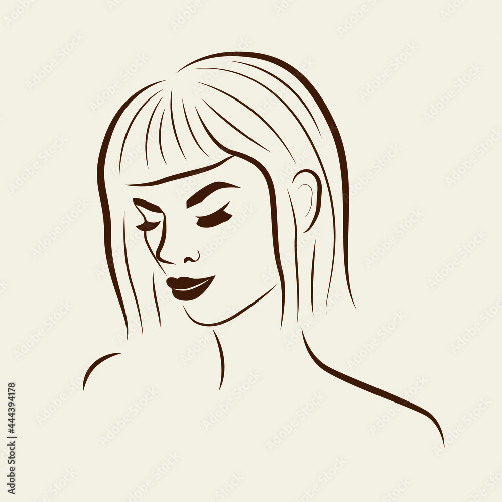 Vector minimalistic portrait of a woman. Beautiful, sexy girl, line drawing. Hand-drawn print. Fashionable feminine hairstyle, retro style, curls. Illustration for a beauty salon. Styling, hairstyle Vector minimalistic portrait of a woman. Beautiful, sexy girl, line drawing. Hand-drawn print. Fashionable feminine hairstyle, retro style, curls. Illustration for a beauty salon. Styling, hairstyle