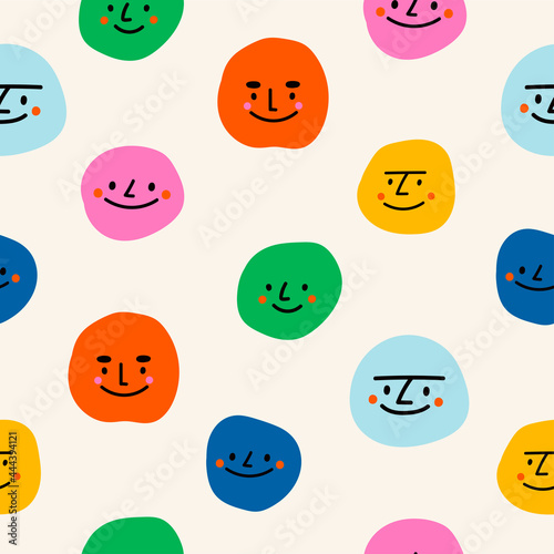 Round abstract comic Faces with various emotions. Kids drawing style. Different colorful characters. Cartoon style. Flat design. Hand drawn trendy Vector illustration. Square seamless pattern